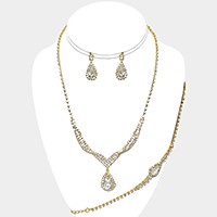 3-PCS Crystal Rhinestone Teardrop Pendant Necklace Jewelry Set