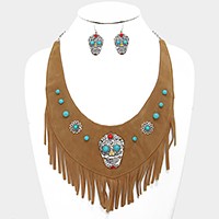 Day of the Dead Mexican Sugar Skull Suede Fringe Bib Necklace