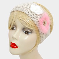 Button up Knit Flower Earmuff Headband