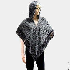 Hooded Fur Open Poncho with Suede Fringes