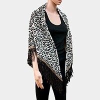 Leopard Pattern Fur Square Shawl Scarf / Open Poncho with Suede Fringes