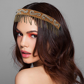 Faux Suede Fringe Swirl Pattern Beaded Stretch Headband