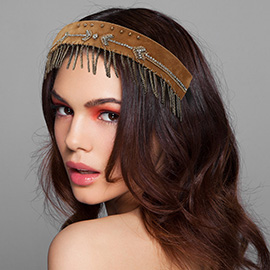 Faux Suede Arrow Pattern Beaded Metal Fringe Chain Drop Stretch Headband