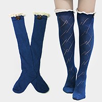 Diamond Pattern Button Lace Knee-High Cotton Stocking Socks