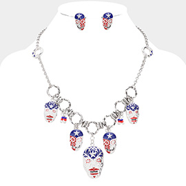 American USA Flag Day of the Dead Skull Charm Link Necklace