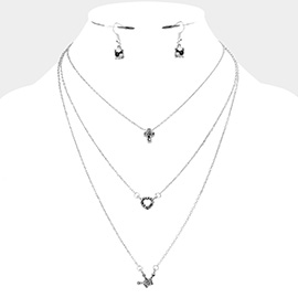 Triple Layer Stone Cross Heart Pendant Necklace