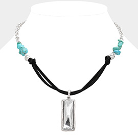 Rectangle Crystal Drop Suede Necklace with Turquoise Stones