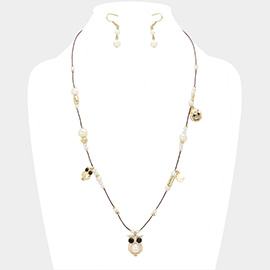 Owl & Crescent Pearl Beaded String Necklace