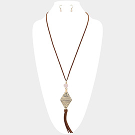 Raw Quartz & Faux Suede Tassel Drop Aztec Long Necklace