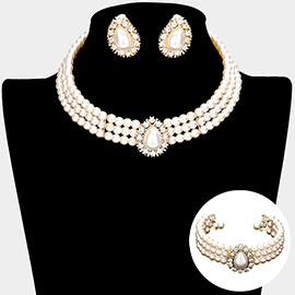 3PCS Teardrop 3-Row Pearl Choker Necklace Jewelry Set