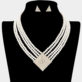 Geometric Crystal Rhinestone Detail Multi-Strand Pearl Necklace