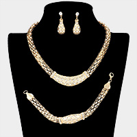 3PCS - Crystal Rhinestone Metal Mesh Necklace Jewelry Set
