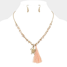 Thread Tassel & Turtle Charm Natural Stone Beaded Necklace