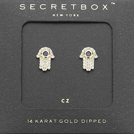 SECRET BOX_14K Gold Dipped CZ Hamsa Sand Stud Earrings