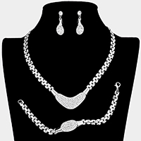 3PCS - Crystal Rhinestone Pave Plate Metal Necklace Jewelry Set