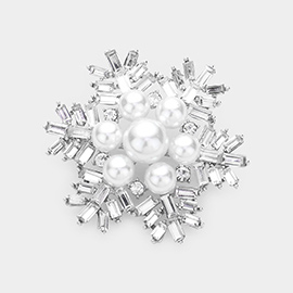 Crystal pearl snowflake brooch