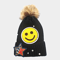 Sequin smiley face & American Flag star _ patch beanie hat with pom pom