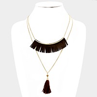 Double layer faux suede fringe bar & thread tassel pendant necklace