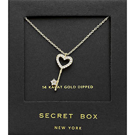 SECRET BOX_14K Gold Dipped Stone Paved Heart Key Pendant Necklace