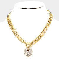 Rhinestone Pave Heart Pendant Toggle Necklace