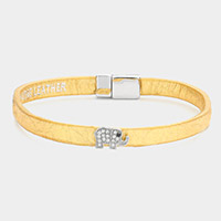 Rhinestone pave elephant genuine leather bracelet