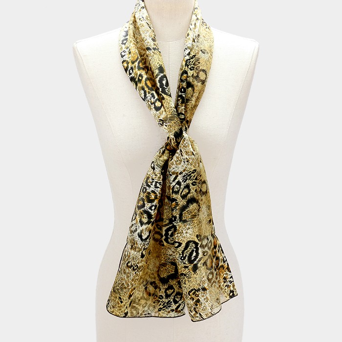 Silk Feel Striped Leopard Pattern Scarf