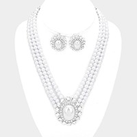 Crystal trim oval pearl & triple strand necklace