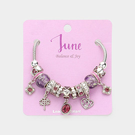 June - Birthstone Heart Charm Multi Beaded Bracelet