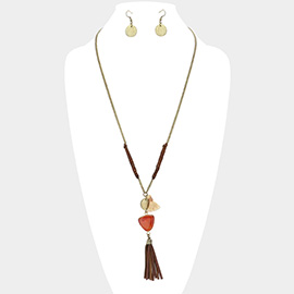 Triangle Stone with Faux Leather Tassel Long Necklace