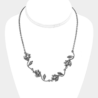 Rhinestone Flower Leaf Metal Necklace