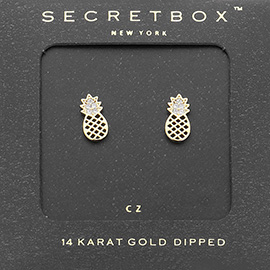 SECRET BOX_14K Gold Dipped CZ Stone Paved Pineapple Earrings