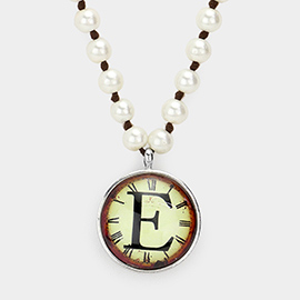 -E- Monogram Pearl Beaded Watch Printed Long Necklace