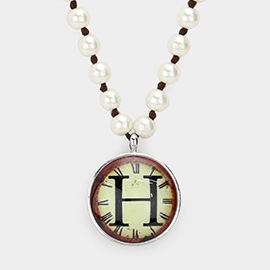 -H- Monogram Pearl Beaded Watch Printed Long Necklace