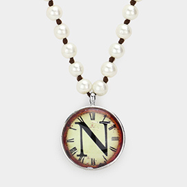-N- Monogram Pearl Beaded Watch Printed Long Necklace