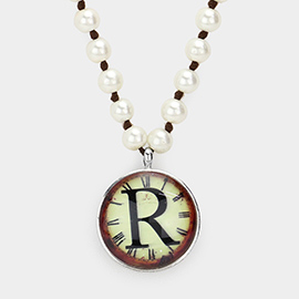 -R- Monogram Pearl Beaded Watch Printed Long Necklace