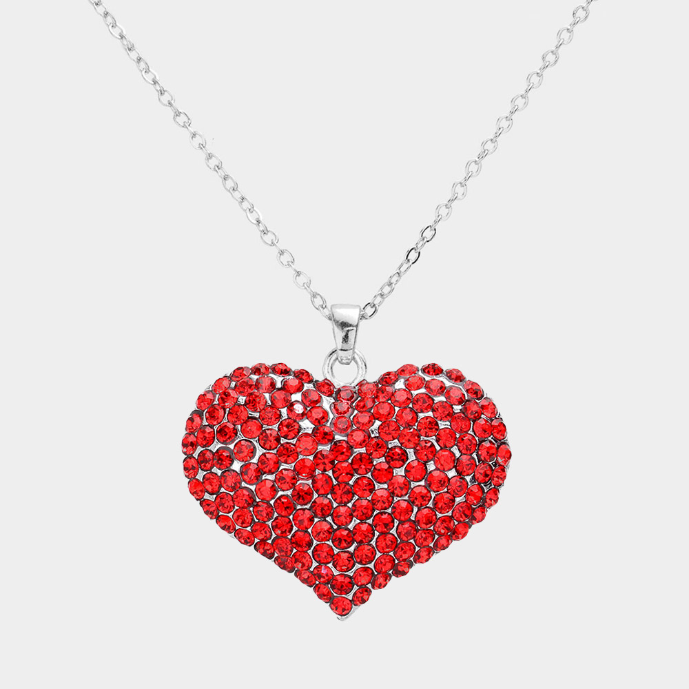 Pave Crystal Rhinestone Heart Pendant Necklace