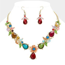 Colored Metal Flower Leaf Teardrop Stone Bib Necklace