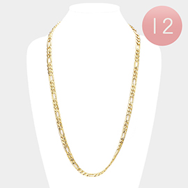 12 PCS - Gold Plated Concave Textured Figaro Chain Necklaces