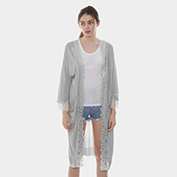 Solid Lace Hem Pockets in Front Long Cardigan