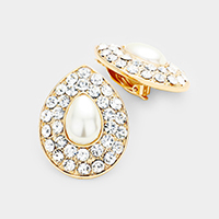 Stone Pave Teardrop Pearl Centered Clip on Earrings