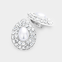 Stone Pave Teardrop Pearl Centered Clip on Earrings