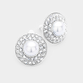 Stone Pave Round Pearl Centered Clip on Earrings