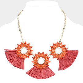 Oval Stone Cluster Hoop Raffia Fringe Statement Bib Necklace