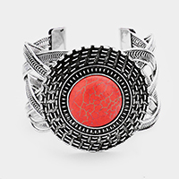 Tribal Round Red Coral Detail Braided Metal Cuff Bracelet