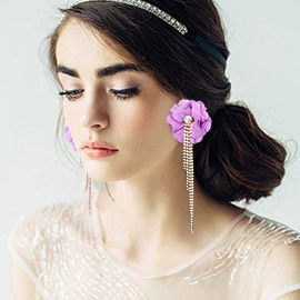Oversized Fabric Flower Drop Crystal Rhinestone Earrings