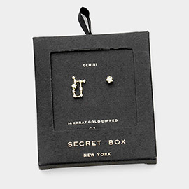 Secret Box_14K Gold Dipped CZ Stone Paved Gemini Zodiac Sign Stud Earrings