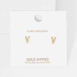 -V- Gold Dipped Cubic Zirconia Monogram Stud Earrings