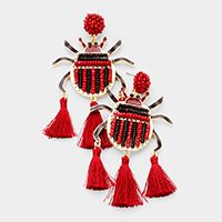 Seed Beaded Ladybug Triple Tassel Earrings