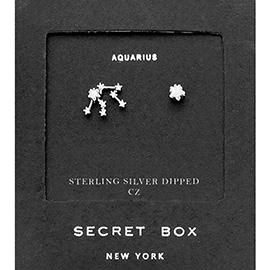 Secret Box_Sterling Silver Dipped CZ Stone Paved Aquarius Zodiac Sign Stud Earrings