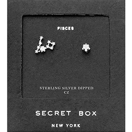 Secret Box_Sterling Silver Dipped CZ Stone Paved Pisces Zodiac Sign Stud Earrings